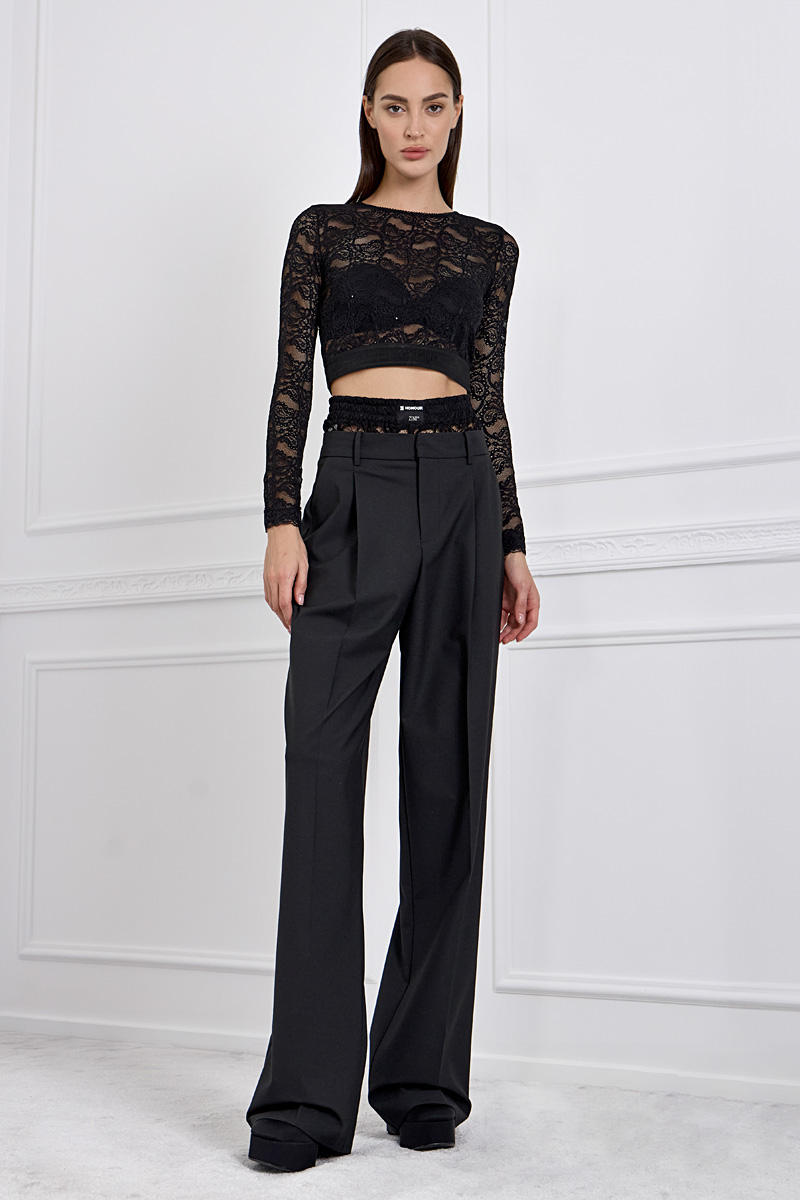 Women's fashion  Black lace crop top with high waisted trousers
