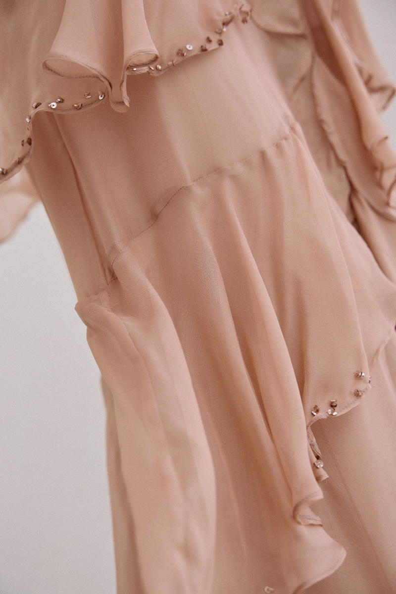 SILK CUT-OUT RUFFLE DRESS