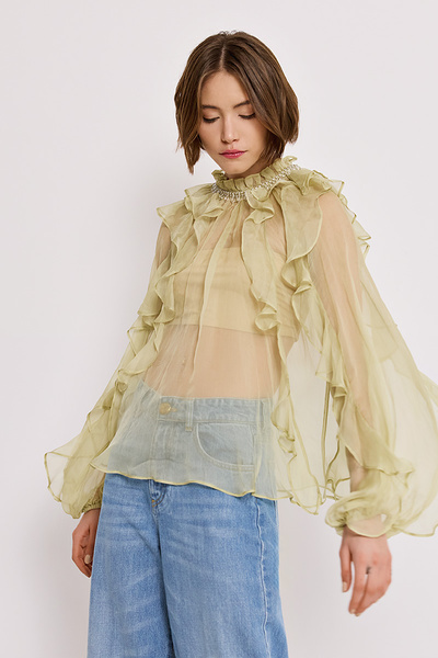 SILK BLOUSE WITH RUFFLES AND EMBELLISHED NECKLINE