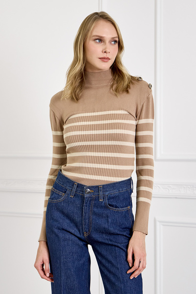 High-neck Knit Top with Stripes - DARK BEIGE | Zini Boutique